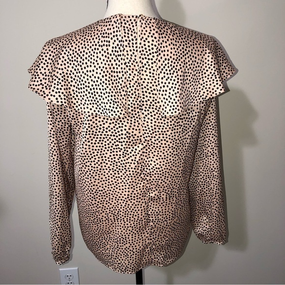 Zara Basic Asymmetric Ruffle Blouse Size M Long Sleeve Polka Dot Pink Black - Picture 5 of 10